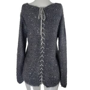 Nuage Lace Up Back Scoop Neck Sequin Sparkle Eyelash Gray Silver Sweater L